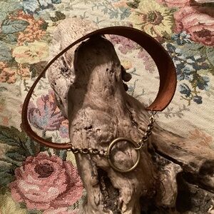 Brown Leather Antique Brass Ring Choker Necklace 16”